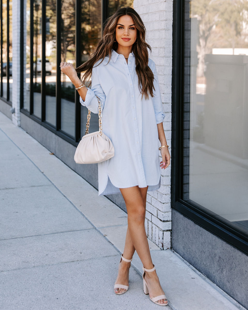 Risky Business Pocketed Button Down Shirt Dress Sky Blue