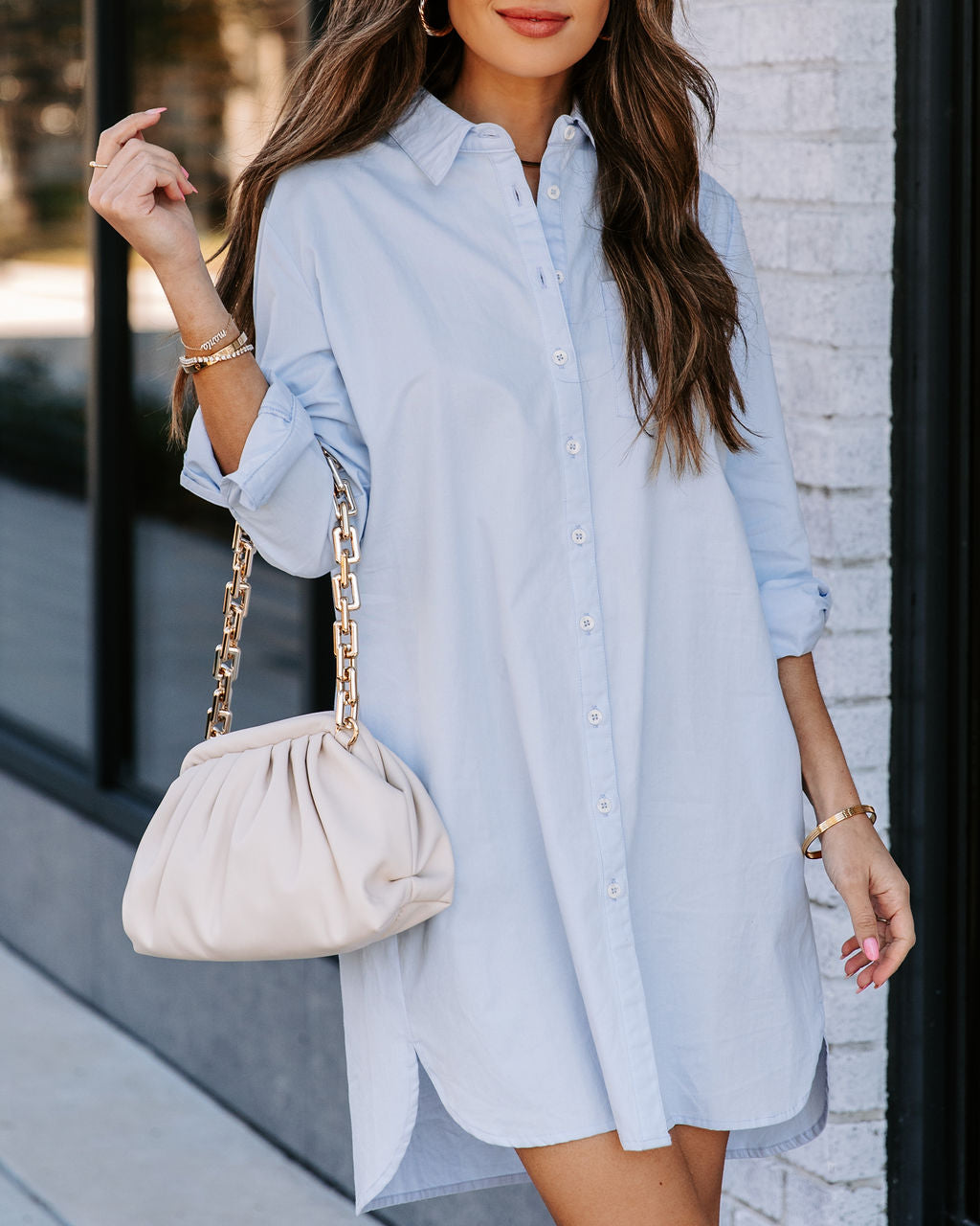 Risky Business Pocketed Button Down Shirt Dress Sky Blue