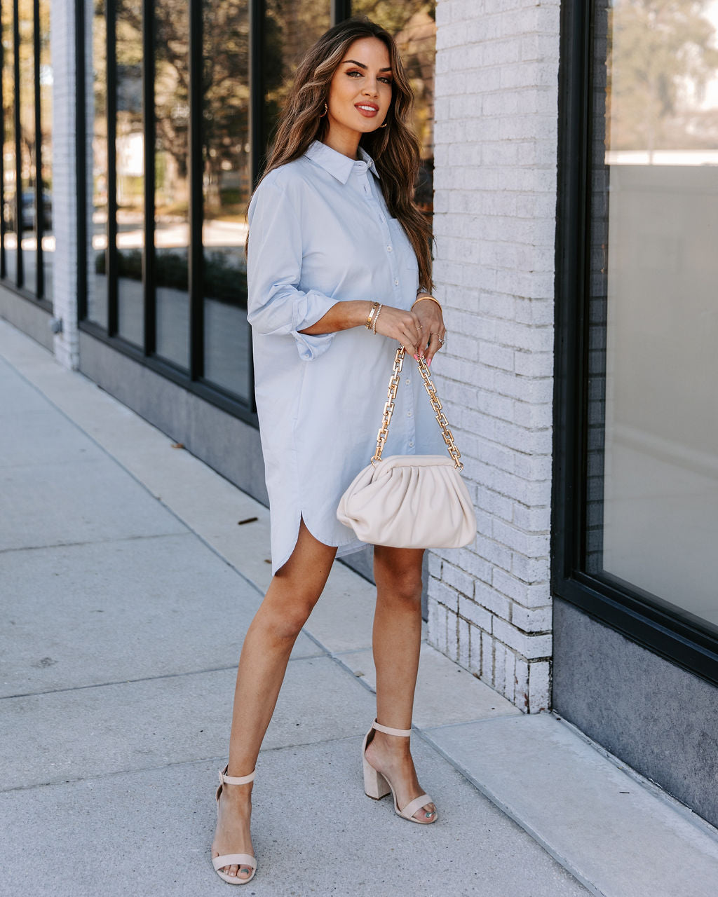 Risky Business Pocketed Button Down Shirt Dress Sky Blue