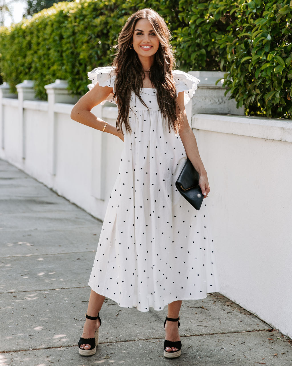 Edith Cotton Pocketed Polka Dot Midi Dress White