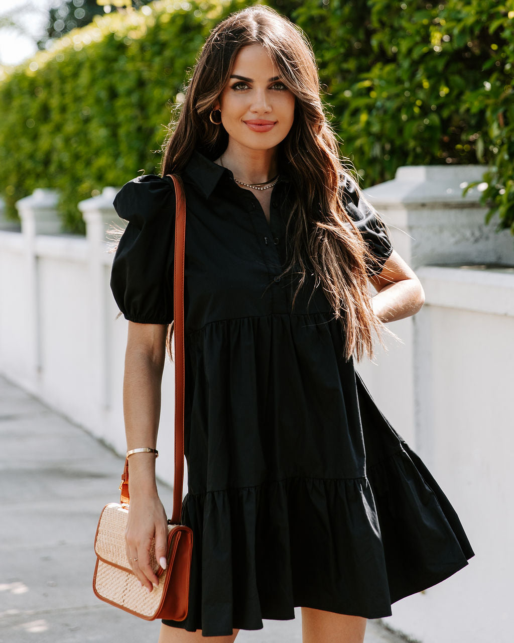 Aliza Cotton Button Down Babydoll Dress Black