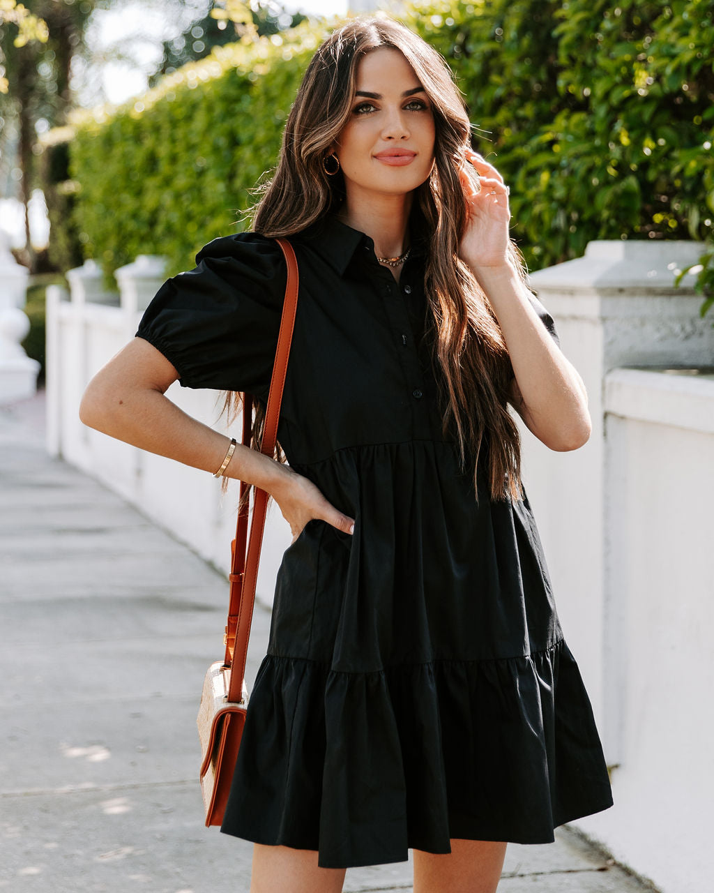 Aliza Cotton Button Down Babydoll Dress Black