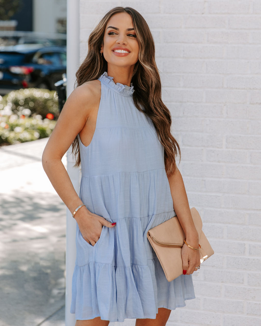 Brenley Pocketed Tiered Babydoll Dress Baby Blue