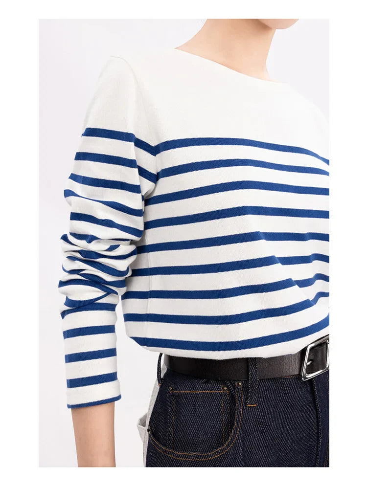 2024 Long Sleeve Striped Combed Cotton TShirt for Women