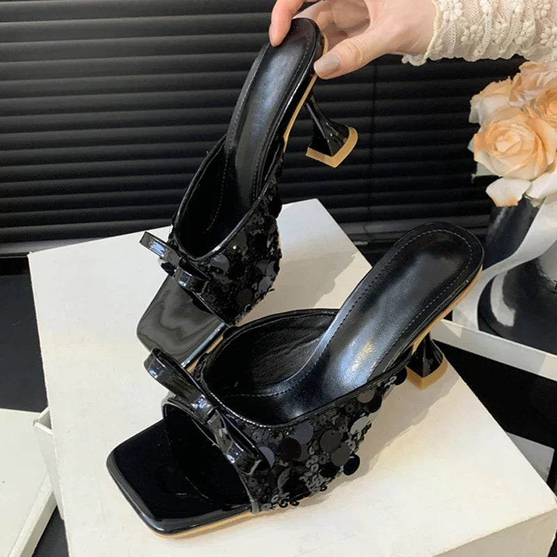 Sequined Square Toe Women Slippers Butterflyknot Elegant High Dress Shoes Low Heel Pumps