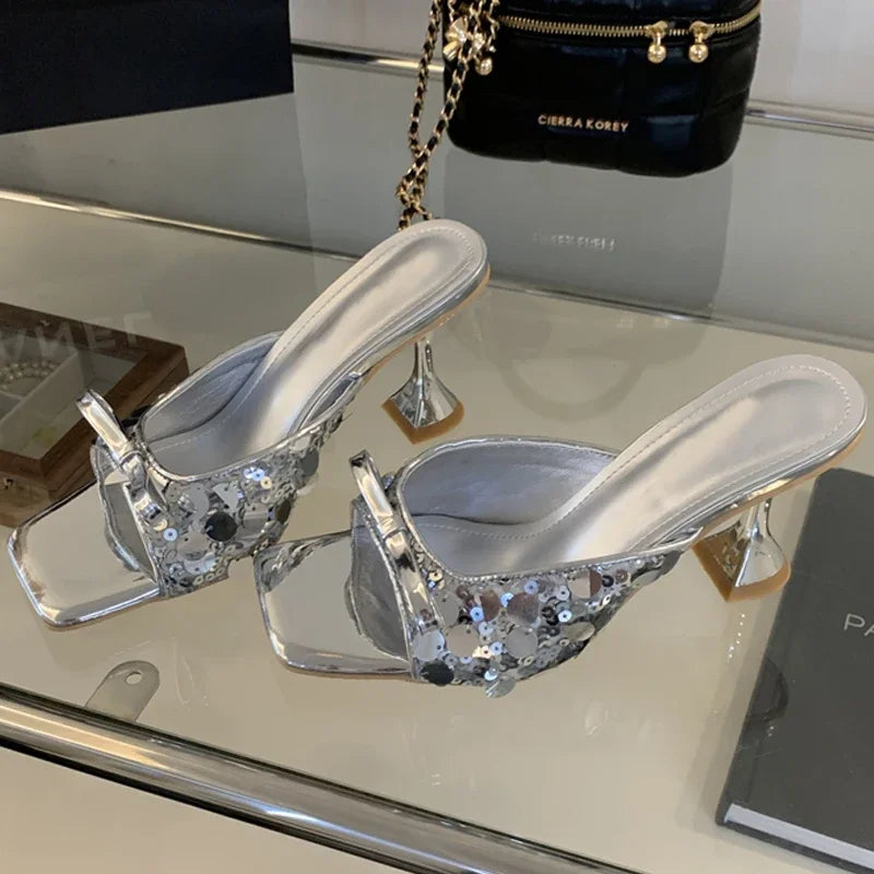 Sequined Square Toe Women Slippers Butterflyknot Elegant High Dress Shoes Low Heel Pumps