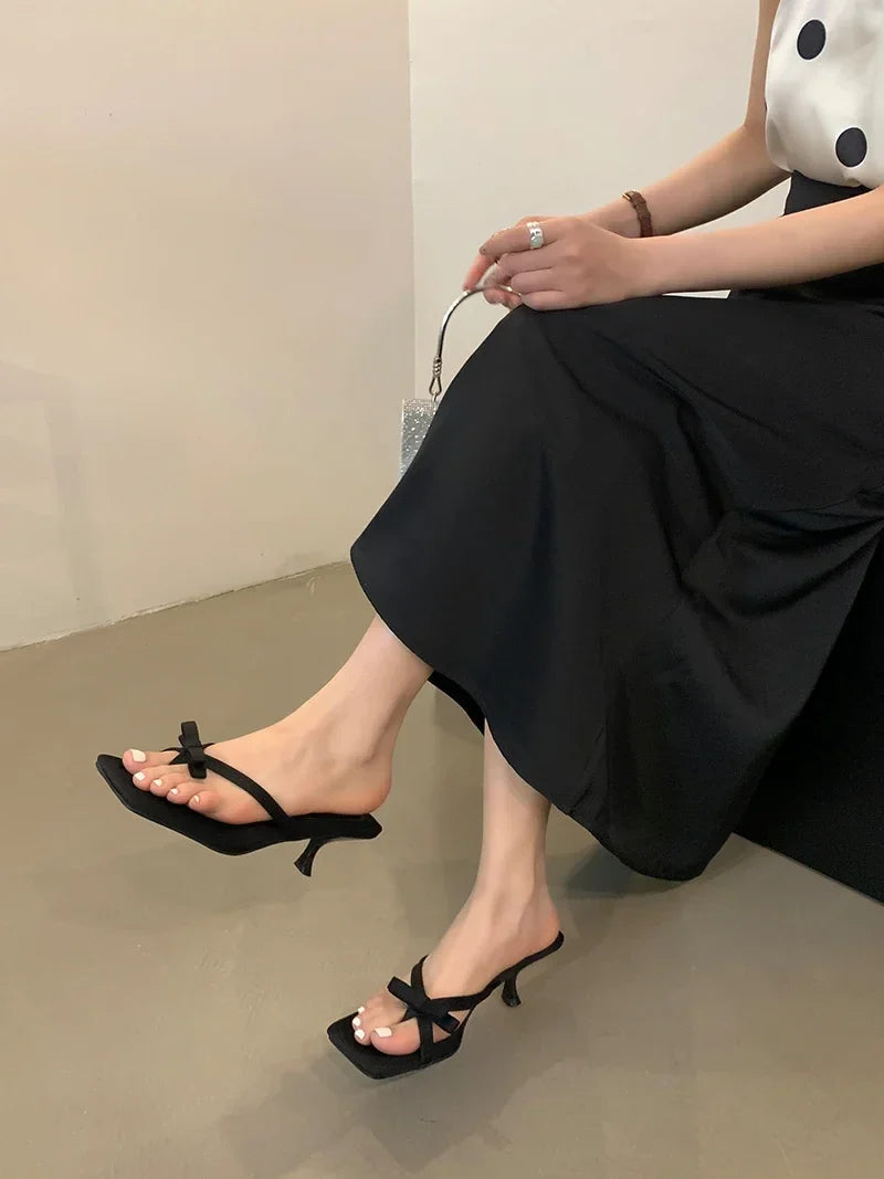 Summer Satin Butterflyknot Clip Toe Slipper Thin Party Dress Slides Women Shoes Low Heel Pumps