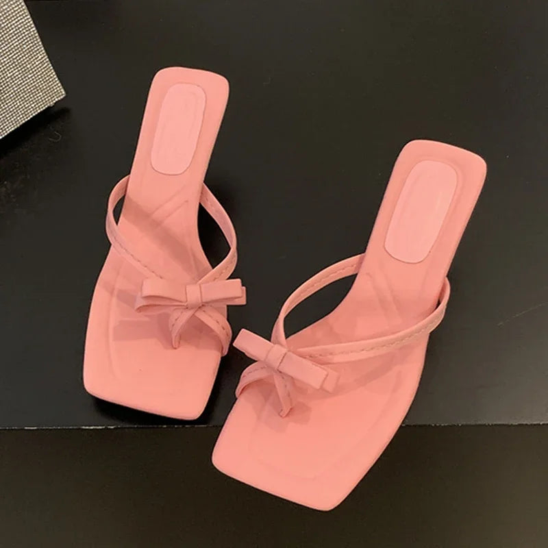 Summer Satin Butterflyknot Clip Toe Slipper Thin Party Dress Slides Women Shoes Low Heel Pumps