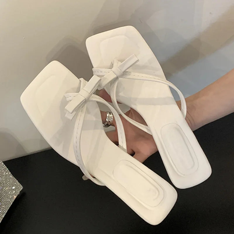 Summer Satin Butterflyknot Clip Toe Slipper Thin Party Dress Slides Women Shoes Low Heel Pumps