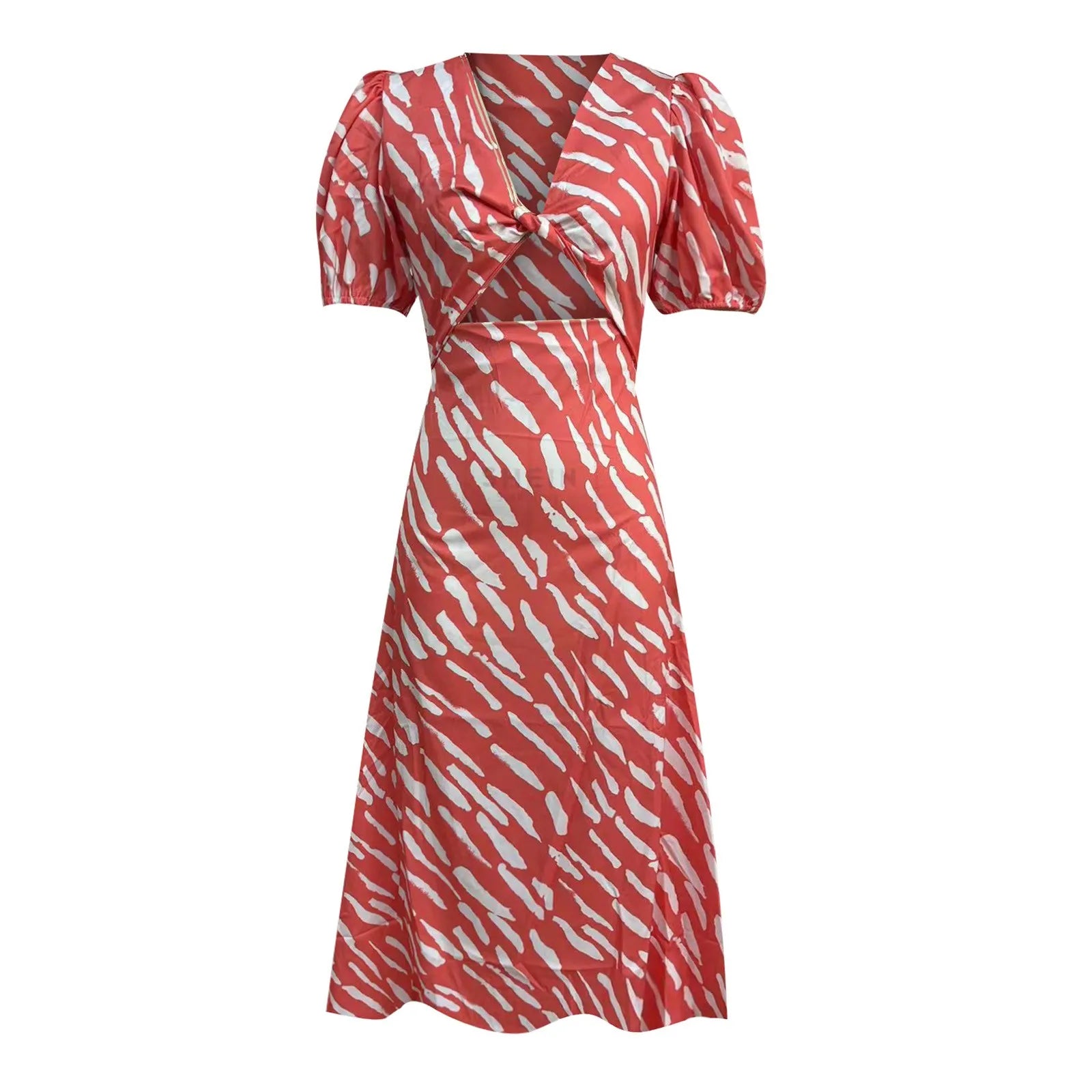 2024 Elegant Boho Stripe Print VNeck Puff Sleeve Midi Dress