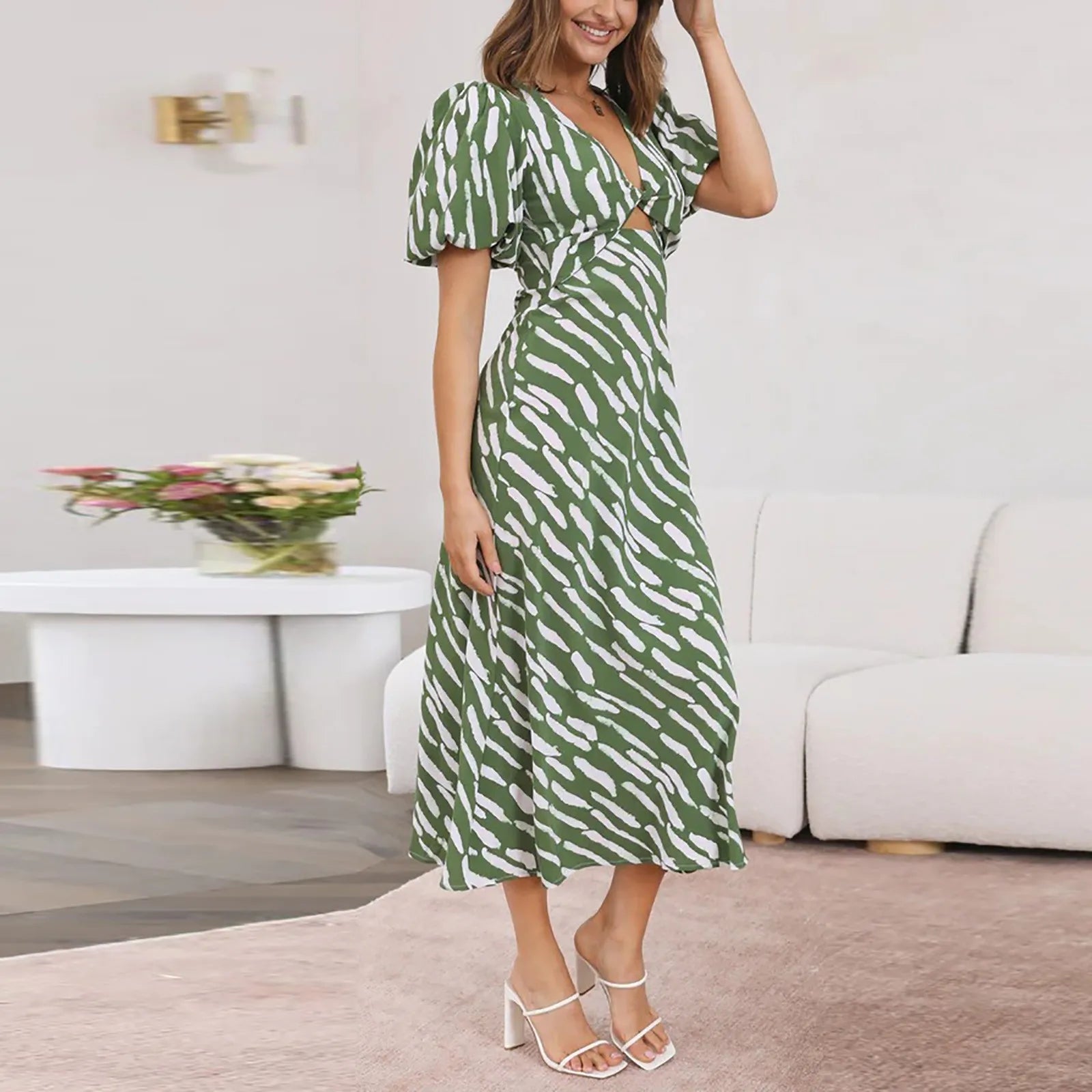 2024 Elegant Boho Stripe Print VNeck Puff Sleeve Midi Dress