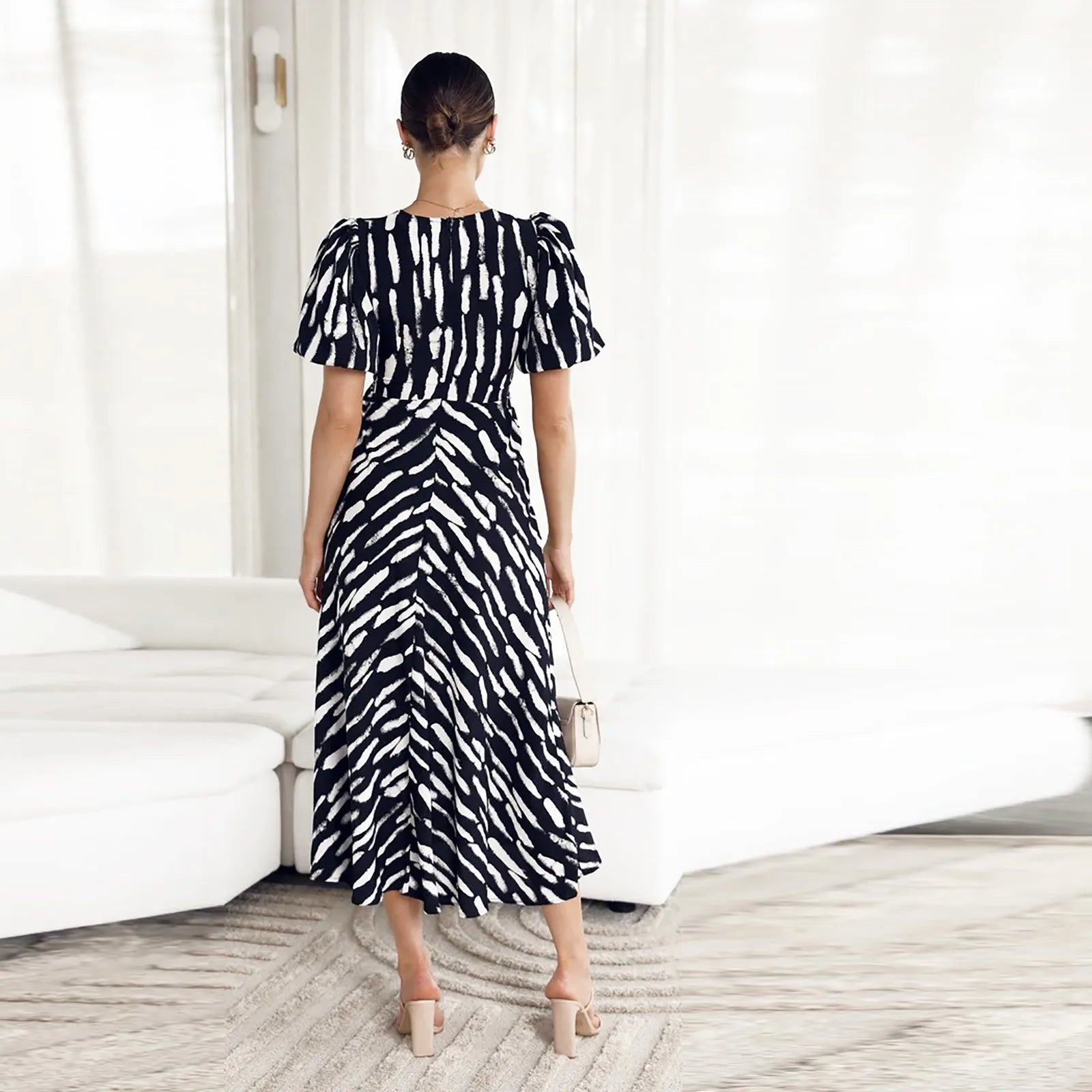 2024 Elegant Boho Stripe Print VNeck Puff Sleeve Midi Dress