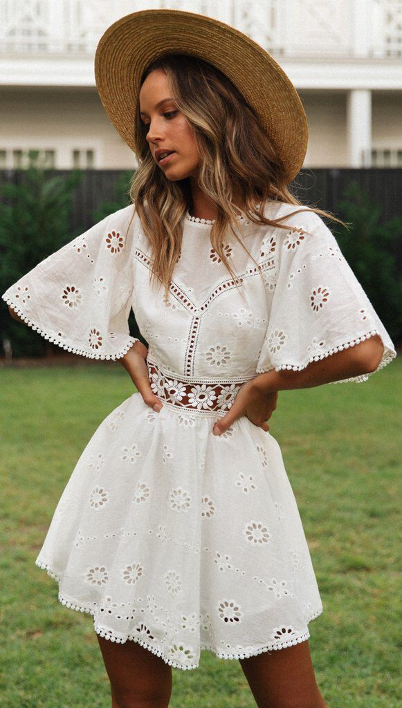 Eyelet Embroidery Backless Hollow Out Cutout Tassel Cotton like Dress for
