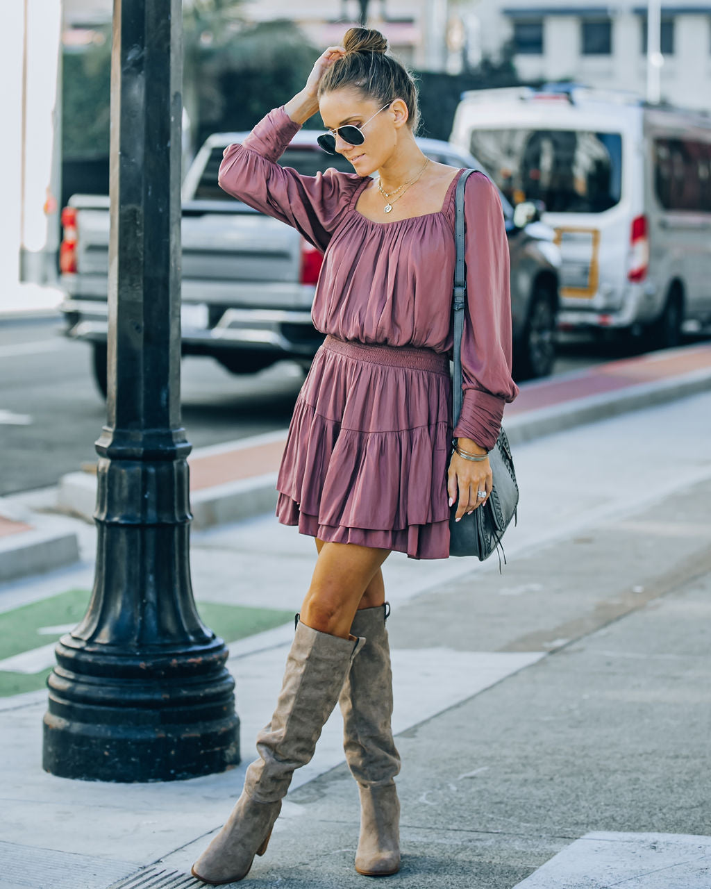 Ayla Smocked Ruffle Mini Dress Dark Mauve FINAL