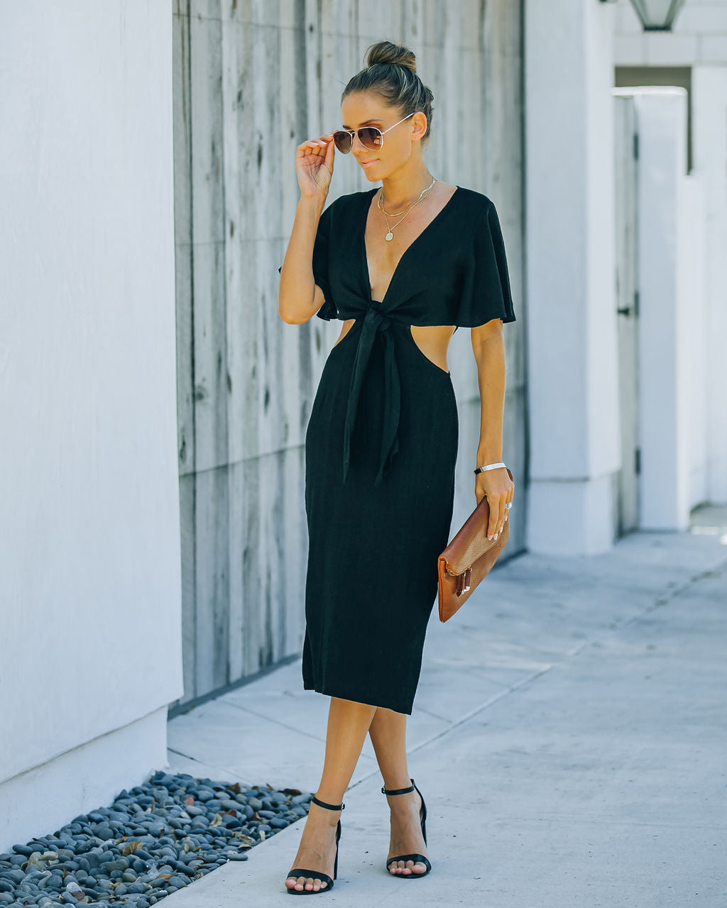 Jenner Linen Blend Tie Front Cutout Midi Dress Black FINAL
