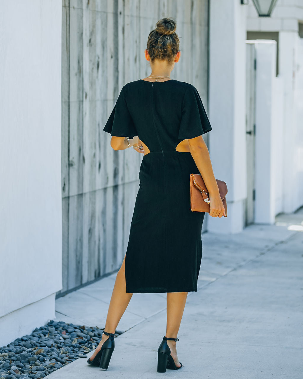 Jenner Linen Blend Tie Front Cutout Midi Dress Black FINAL