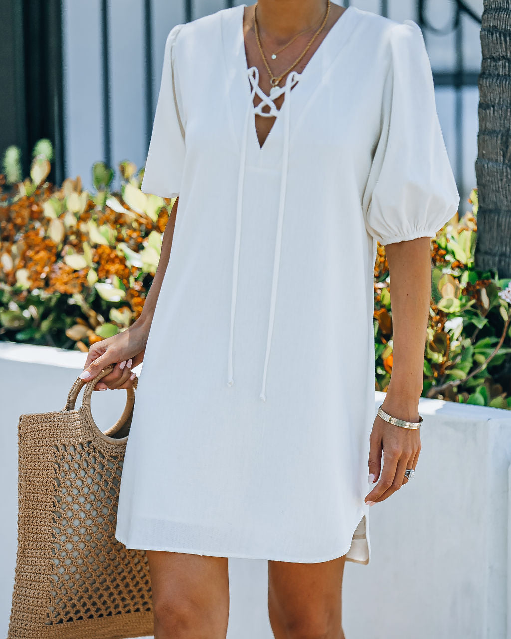 Lakeshore Linen Blend Puff Sleeve Dress Ivory