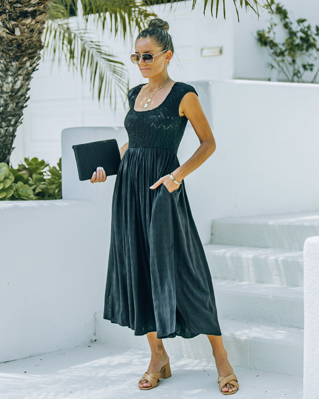 Naite Pocketed Smocked Midi Dress Black