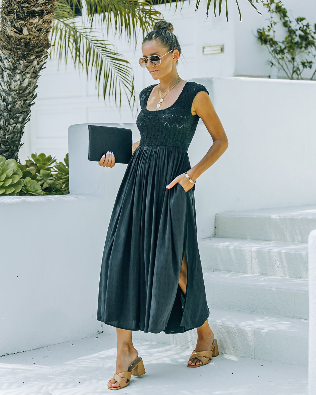 Naite Pocketed Smocked Midi Dress Black