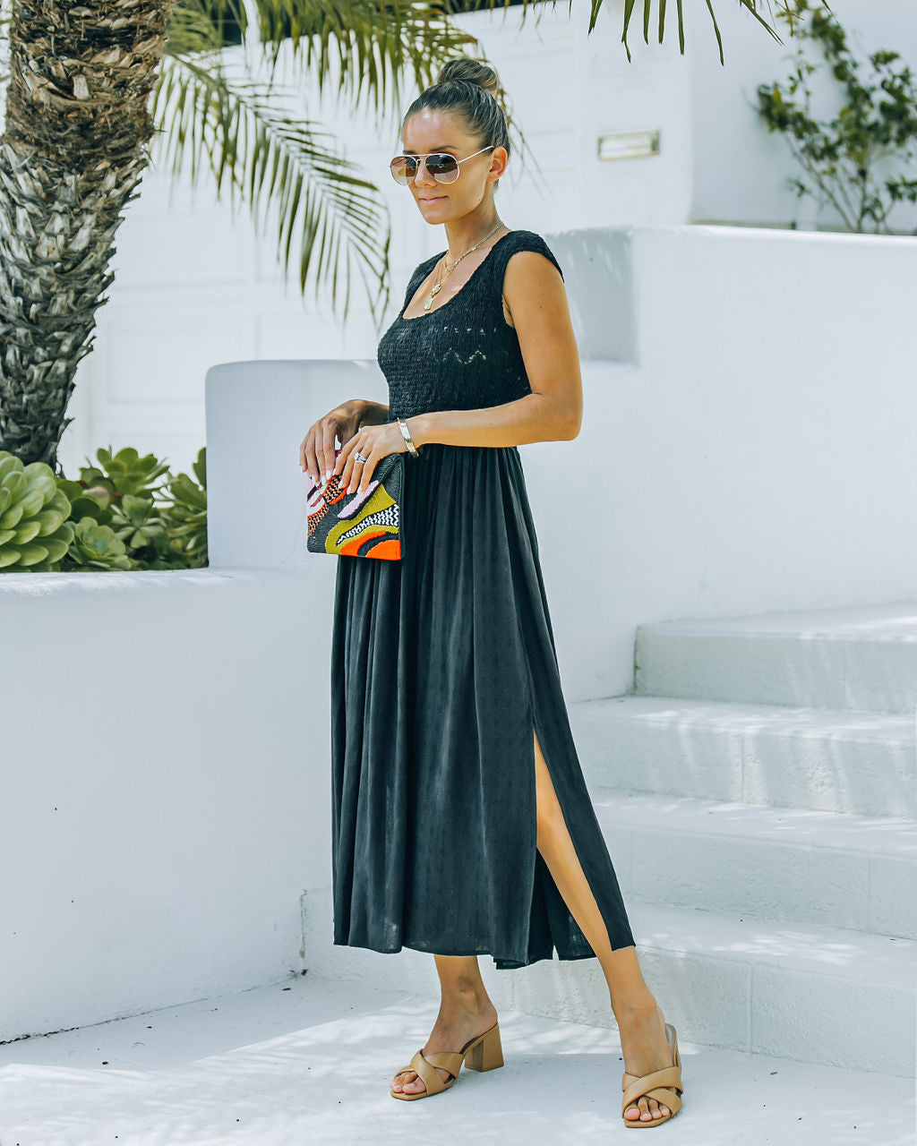 Naite Pocketed Smocked Midi Dress Black
