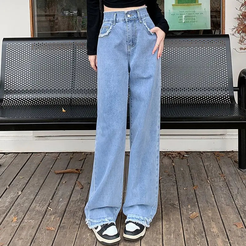 Blue Straight Basic Loose Casual FullLength Women Jeans