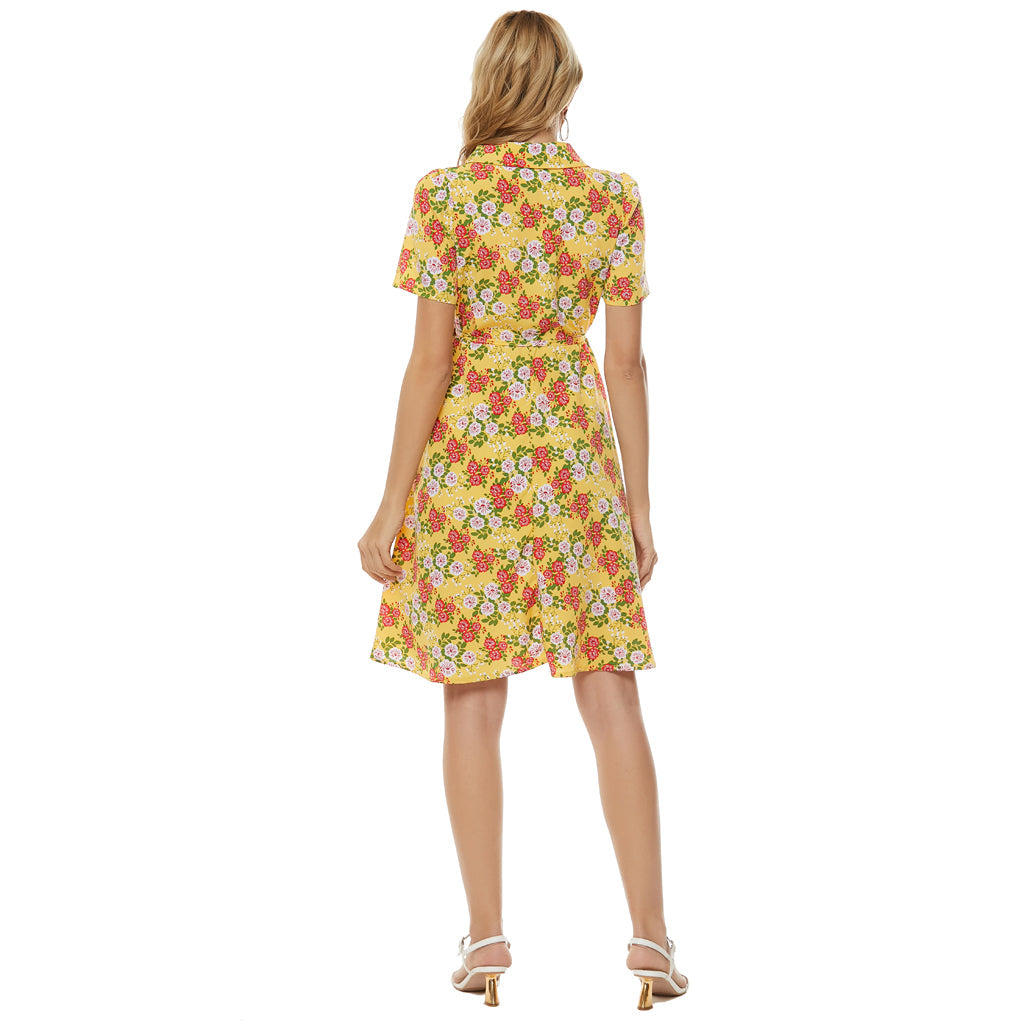 Floral Print Notched Lapel Self Tie Wrap Dress