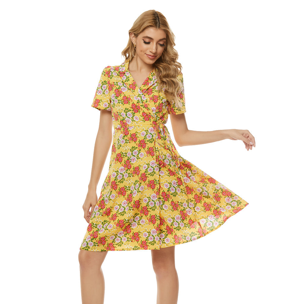 Floral Print Notched Lapel Self Tie Wrap Dress