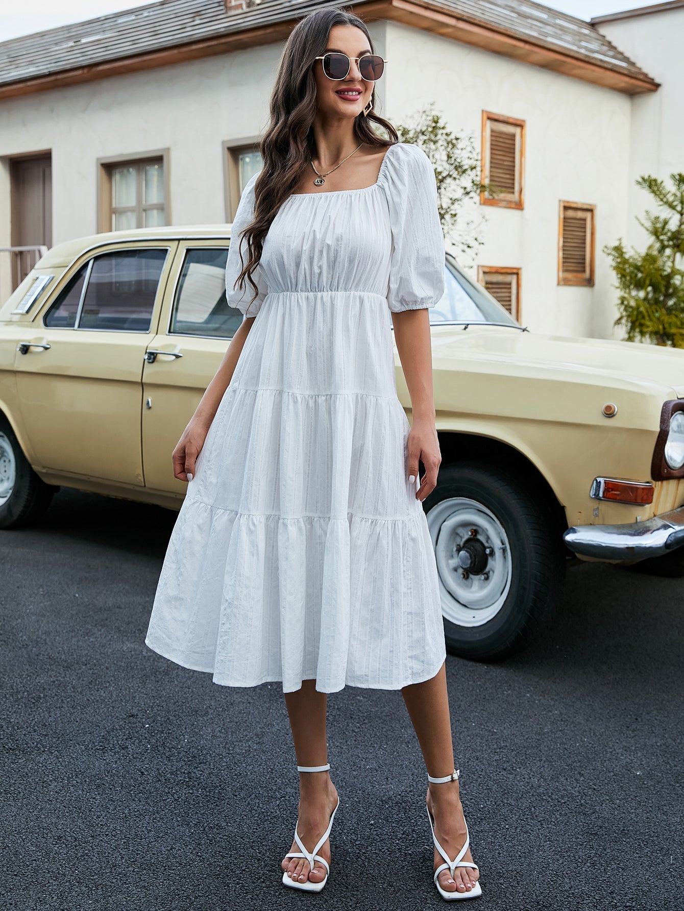 Floral Puff Sleeve Flare Hem Dress
