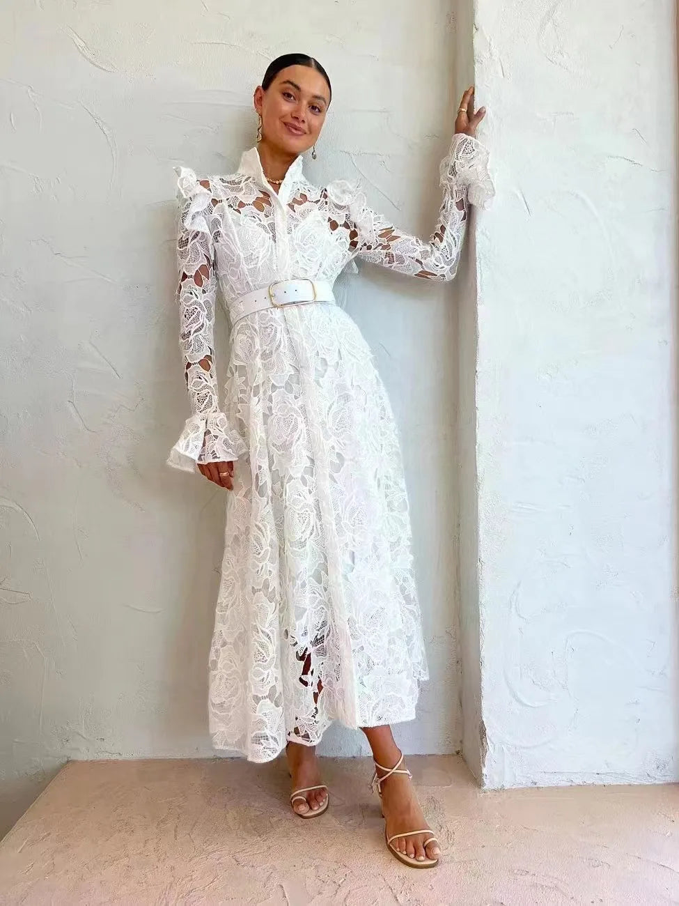 French Temperament WaterSoluble SingleBreasted Lace Dress