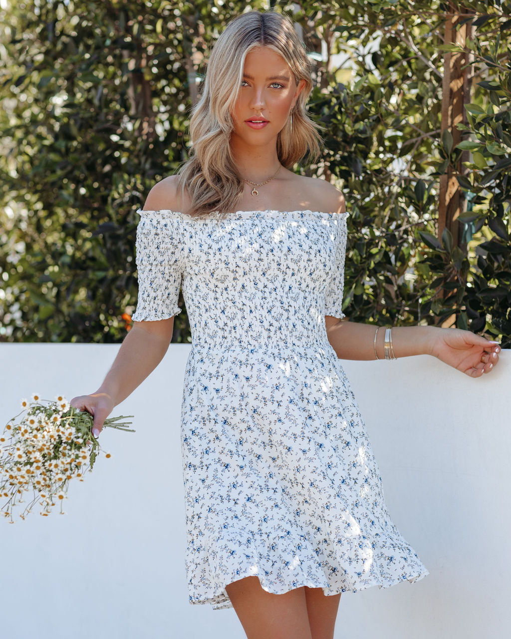 Gionna Floral Smocked Off The Shoulder Dress Ivory