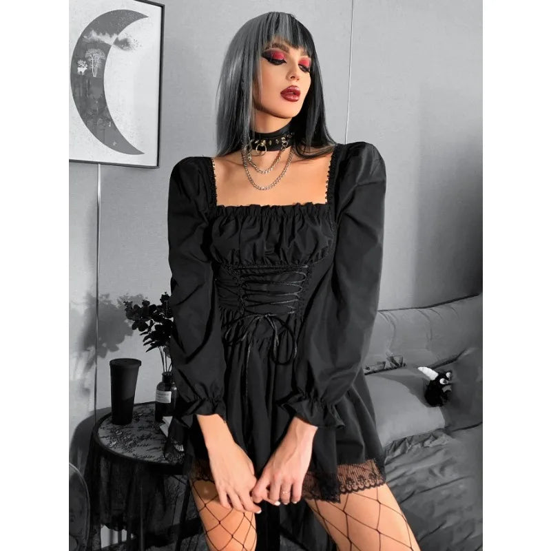 Long Sleeve Lolita Black Puff Sleeve High Waist Vintage Bandage Lace Trim Party Dress