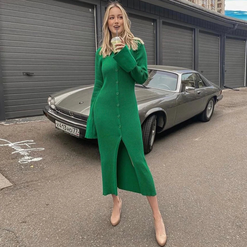 Autumn Bodycon Dress Sweater Knitted Green Women Sexy Midi Split V Neck Long Sleeve Casual Dresses Party Vestidos