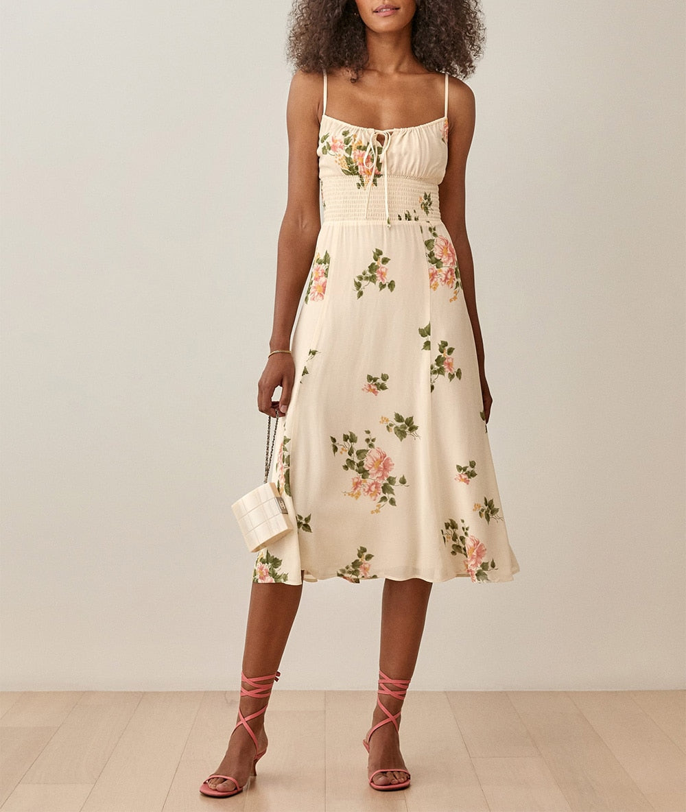 Women Summer Smocked Elastic Waist Tie Neck Sleeveless Spaghetti Strap Beach Dress