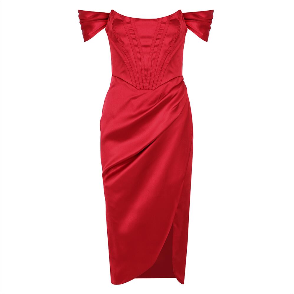 Runway Fashion OffShoulder Split Red Corset Dress