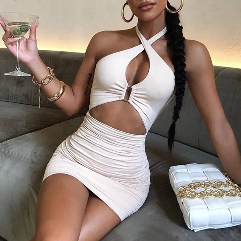 Hollow Ruched Halter Bodycon Mini Dress