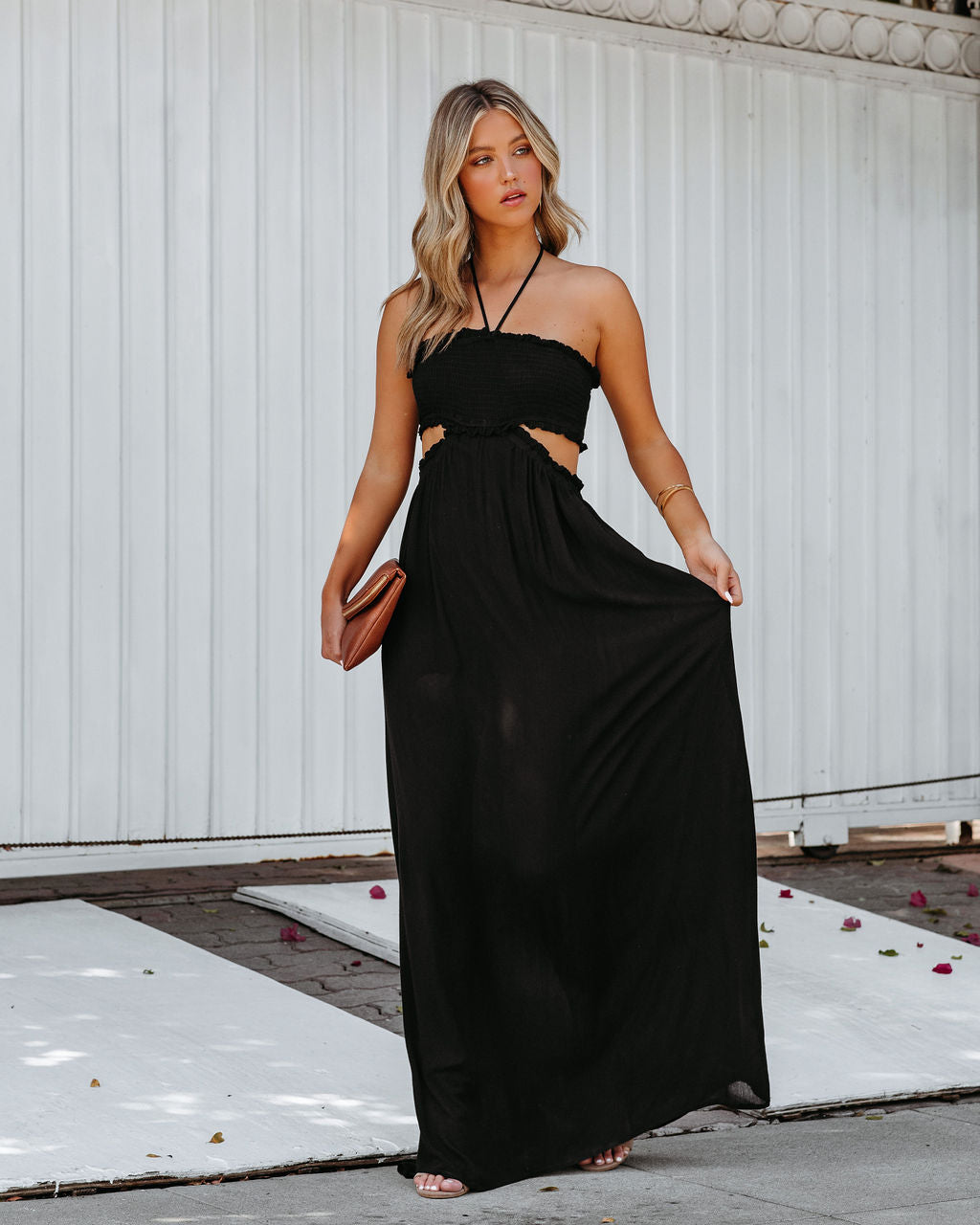 Hit The Beach Smocked Halter Maxi Dress Black
