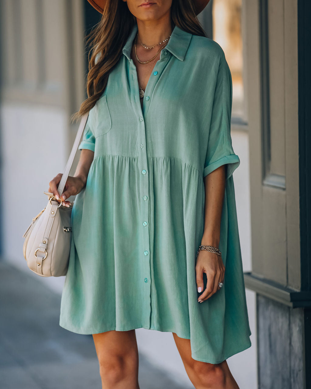 Hails Linen Blend Button Down Shirt Dress Sage