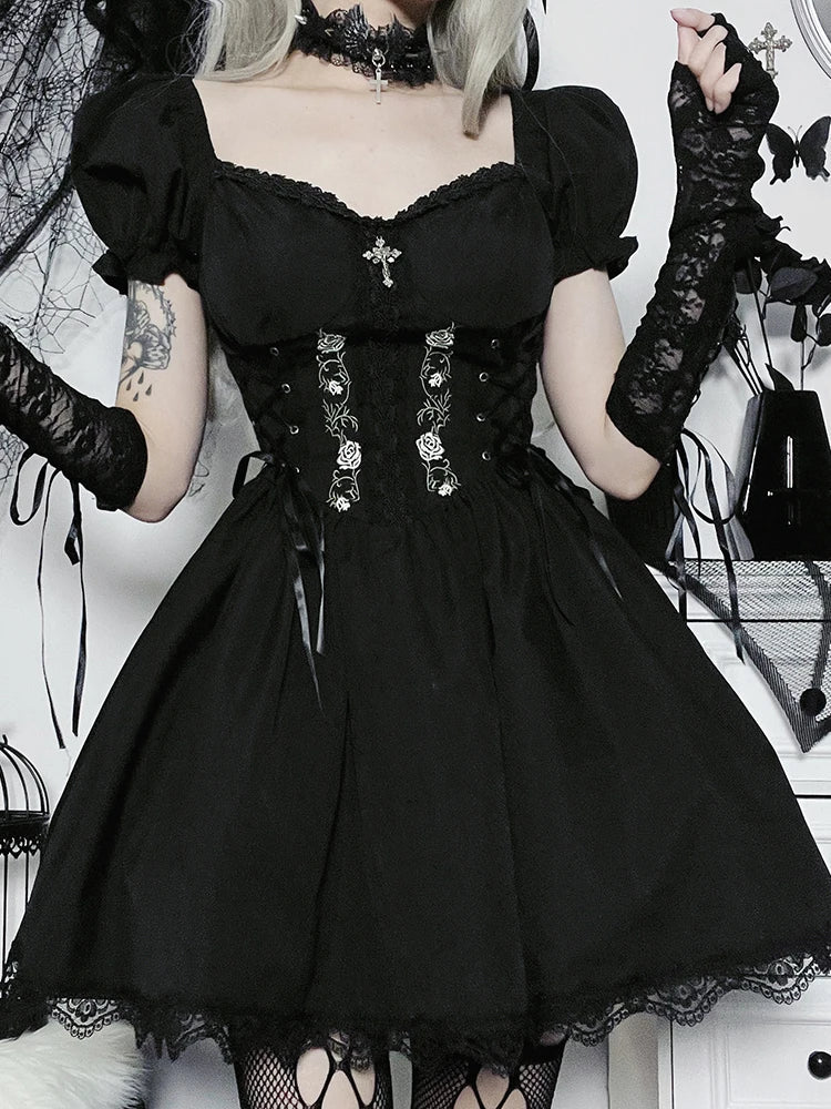 ALine Pleated Hem Swing Harajuku Summer Lolita Lace Trim Y2K Retro Grunge Streetwear Dress