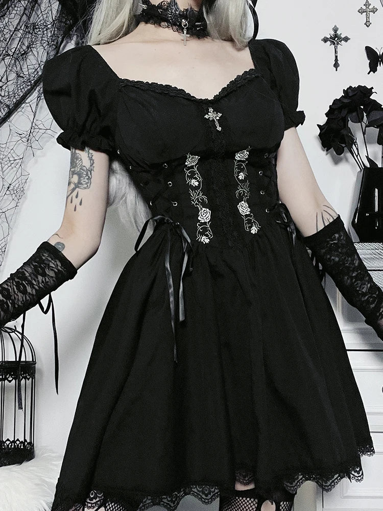 ALine Pleated Hem Swing Harajuku Summer Lolita Lace Trim Y2K Retro Grunge Streetwear Dress
