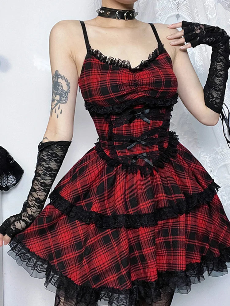 Grunge Gothic Plaid Black Emo Lace Up Backless Mini A Line Dress