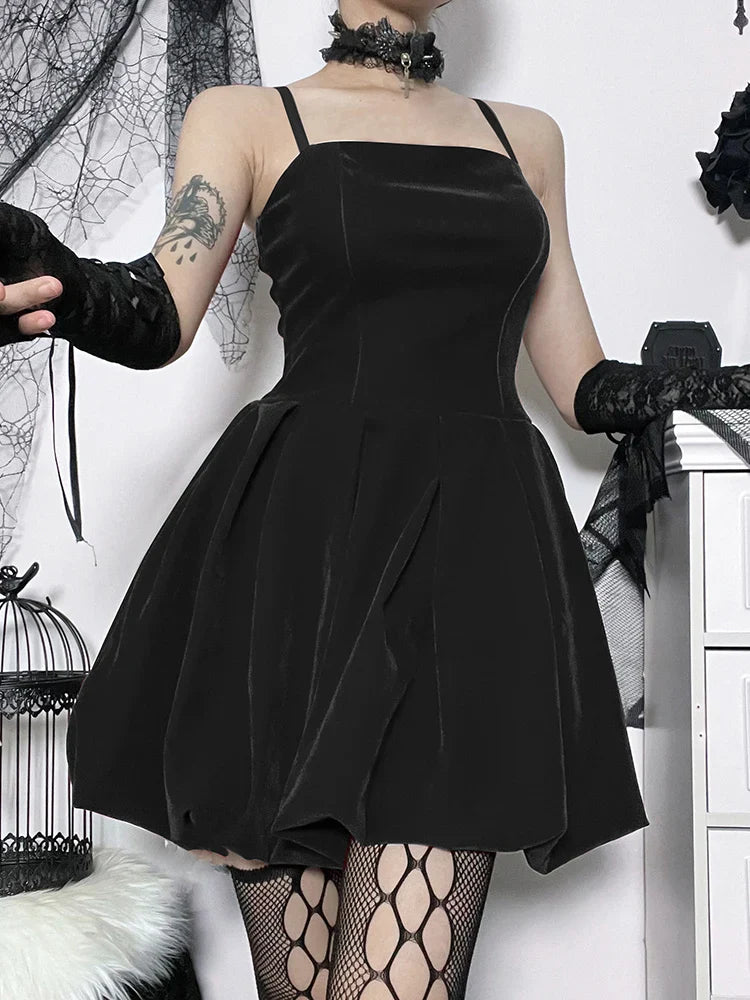 Velvet Solid Shirring High Waist Spaghetti Straps ALine Party Mini Elegant New Year Dress