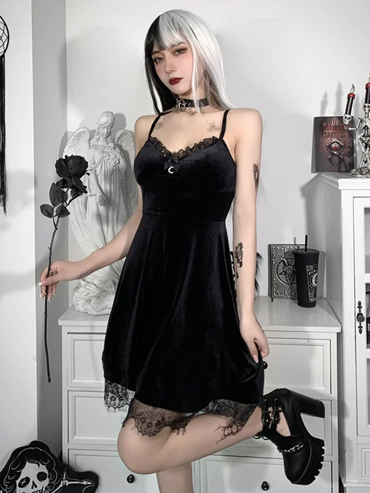 Velvet Spaghetti Strap Backless Moon Pendant Colorful Lace Trim ALine Waistin Sleeveless Corset Dress