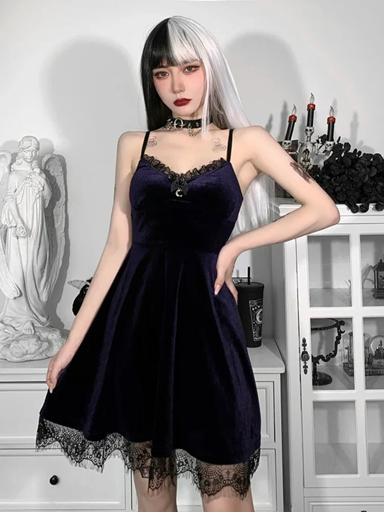 Velvet Spaghetti Strap Backless Moon Pendant Colorful Lace Trim ALine Waistin Sleeveless Corset Dress