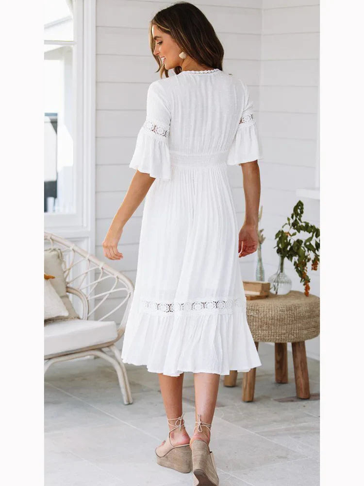 2024 V Neck Lace Splice Boho Midi Dress