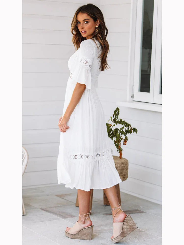 2024 V Neck Lace Splice Boho Midi Dress