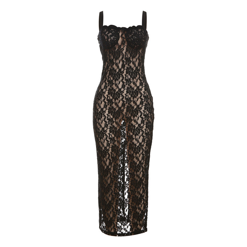 off Neck See through Lace Slim Dress for