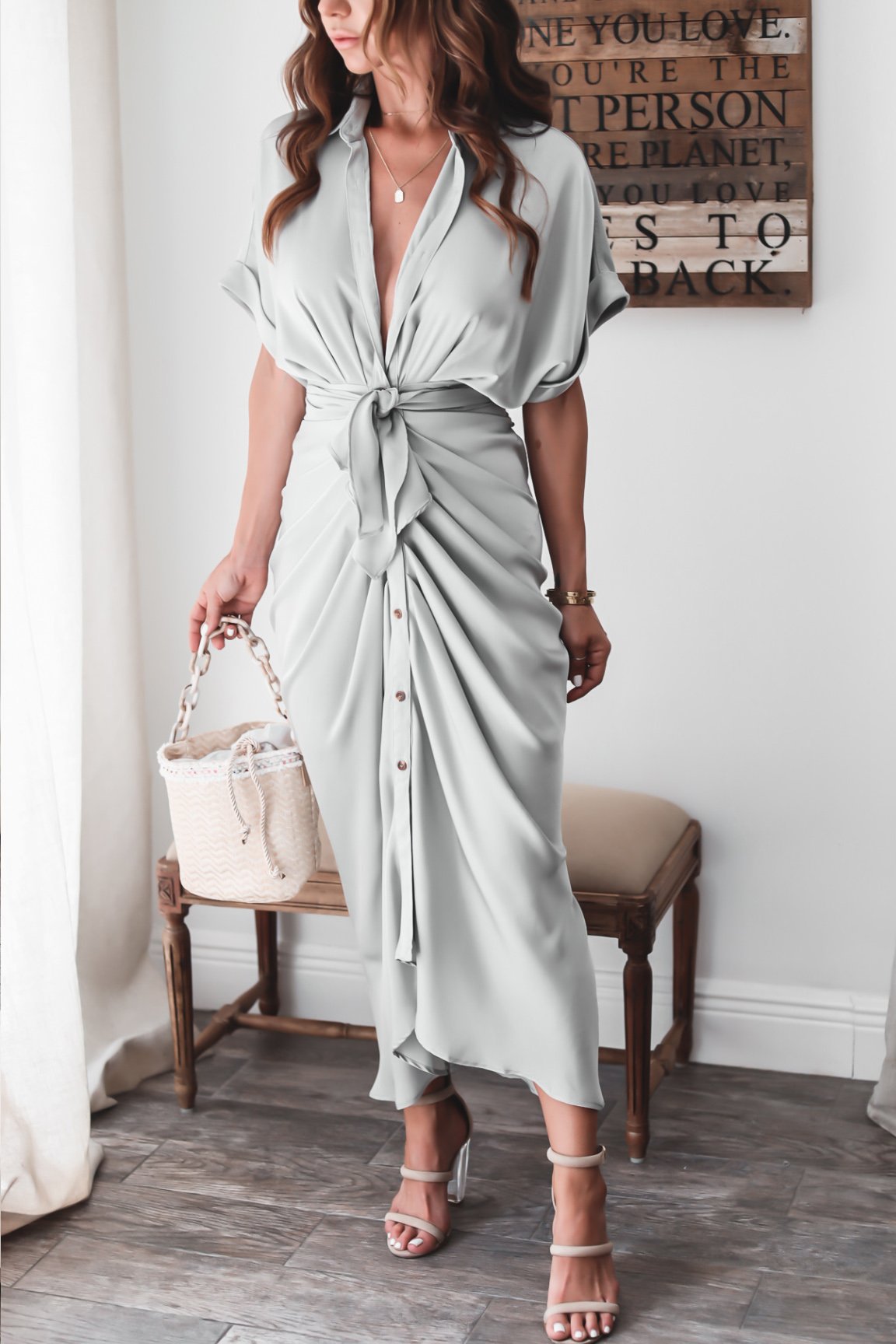 Luv Satin Tie Front Midi Shirt Dress Olive