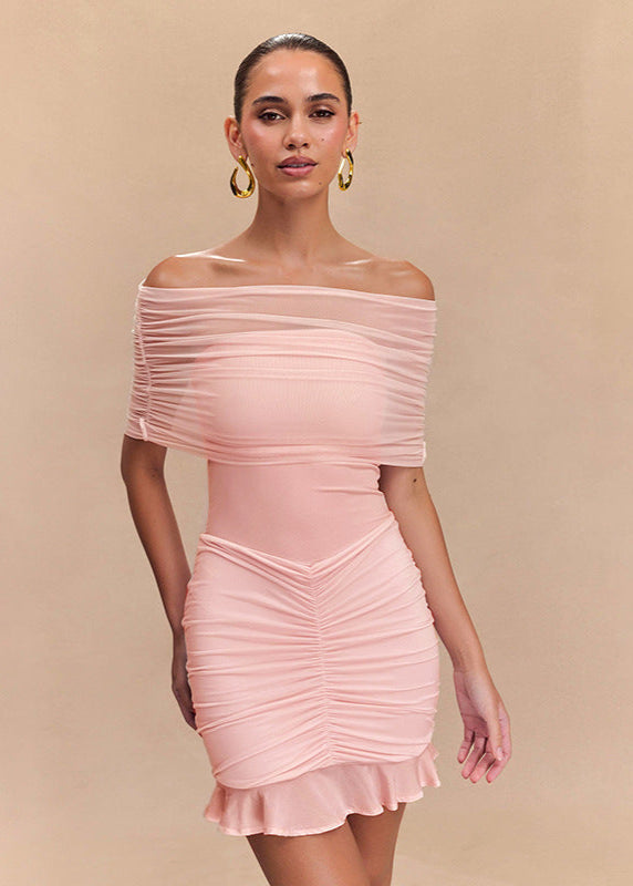 Off Shoulder Mesh Ruched Mini Dress