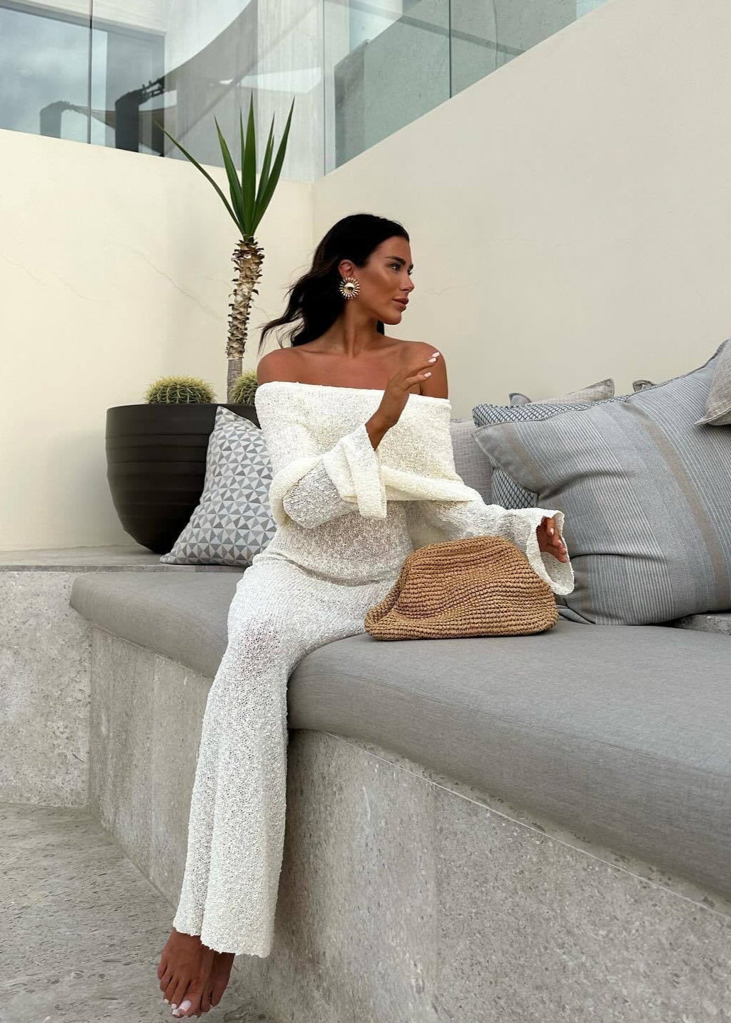 Lumi��re Off Shoulder Shimmer Knit Maxi Dress