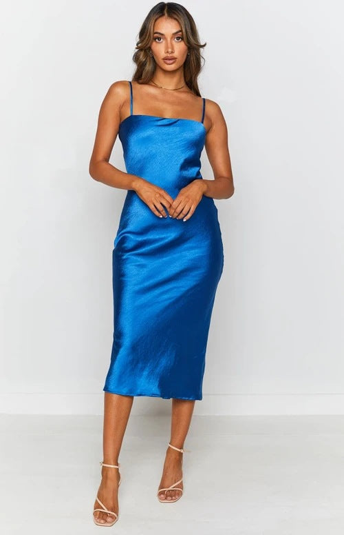 Night To Remember Satin Maxi Dress Robin Blue